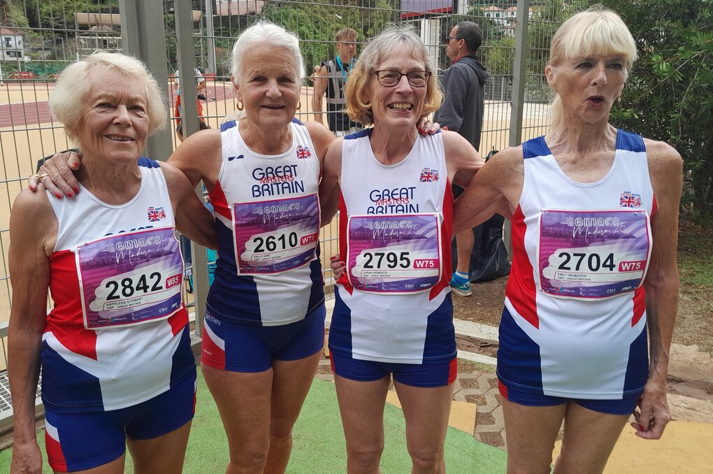 The winning W75 4x100m relay team with a new European Record just short of the World mark ... left to right ... Kathleen Stewart, Sally Hine, Sarah Roberts and Emily McMahon